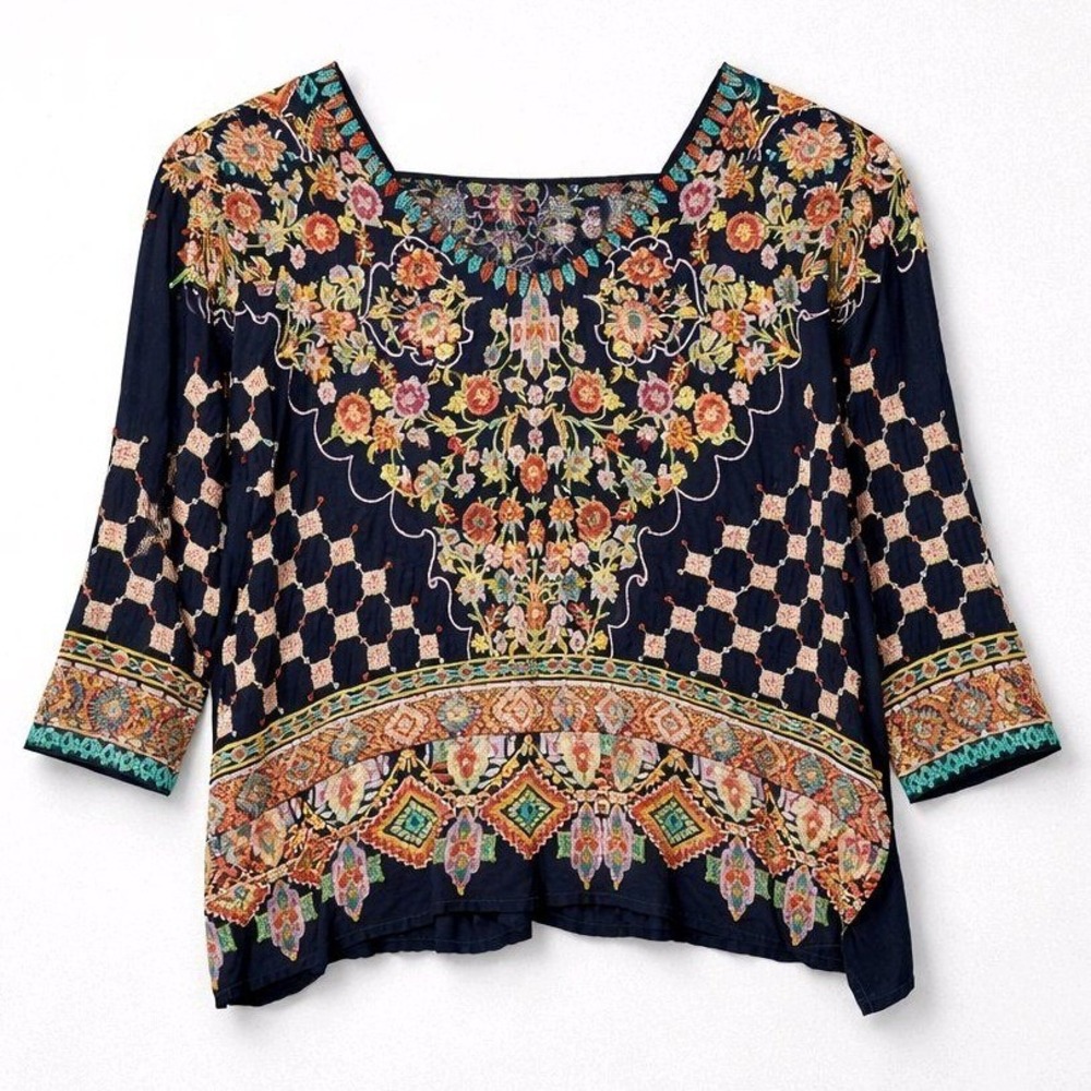 Johnny Was Blouse Embroidered Navy Blue Floral Boho Peasant Top Small